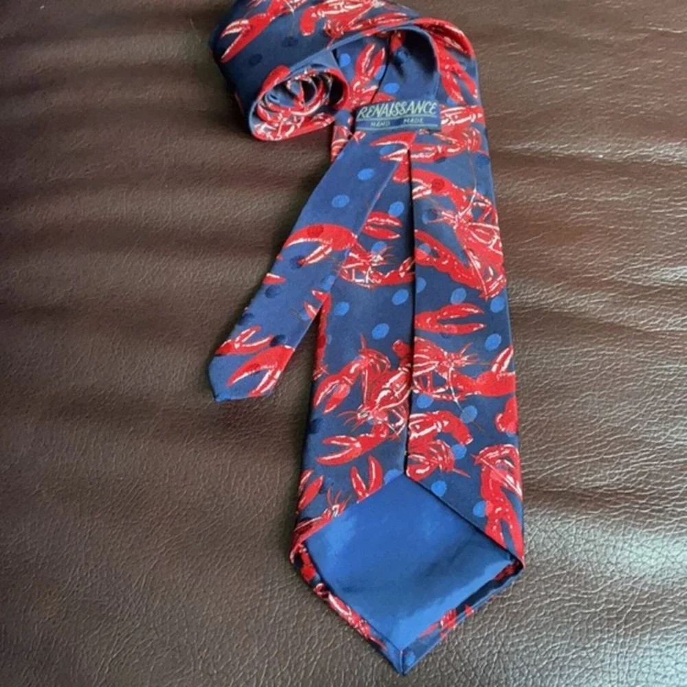Renaissance Mens Handmade Lobster Print Silk Navy Blue Red Polka Dot Necktie Tie